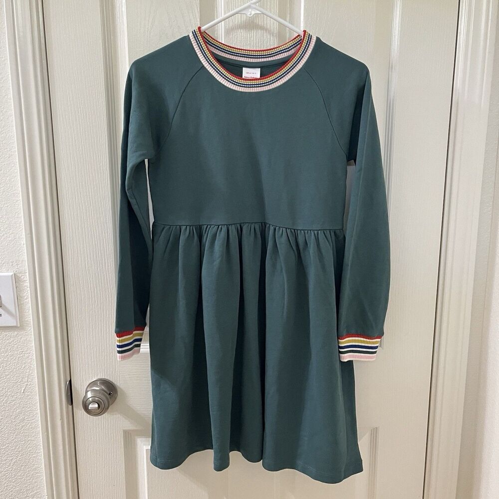 Hanna Andersson Rainbow Cuff Dress Green French Terry Girls Size 150 US 12